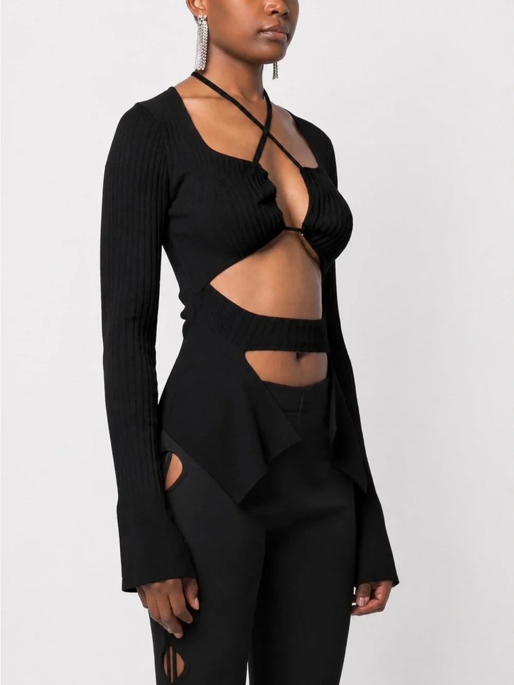 Black Ribbed Cutout Strappy Long Sleeve Crop Top